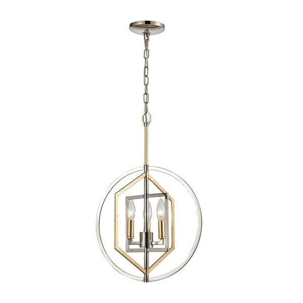 Geosphere Polished Nickel and Parisian Gold Leaf Three-Light Chandelier, image 1