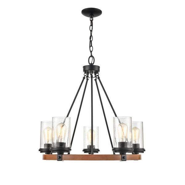 Matte Black And Wood Grain Five-Light Chandelier With Seedy Glass, image 1