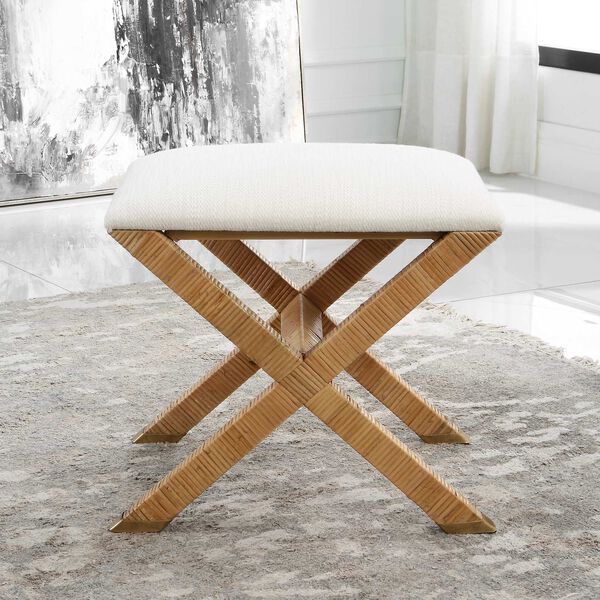 St. Tropez Natural and White Rattan Small Bench, image 4