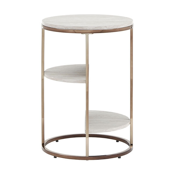 Olympia Champagne Gold and White Side Table with Faux Marble Top and Shelf, image 6
