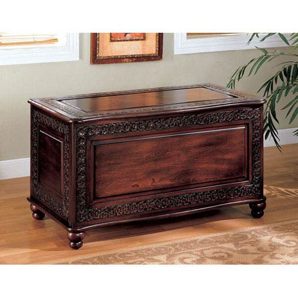Dark Cherry Traditional Cedar Chest with Carving and Bun Feet, image 1