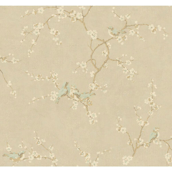 Handpainted III Soft Gold Birds with Blossoms Wallpaper, image 1