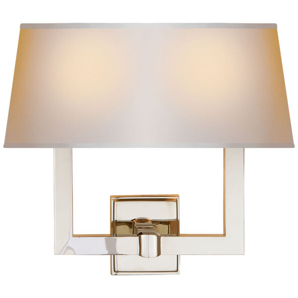 Square Tube Double Sconce in Polished Nickel with Natural Paper Single Shade by Chapman and Myers, image 1