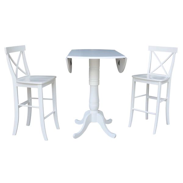 White Round Pedestal Bar Height Drop Leaf Table with Stools, 3-Piece, image 5