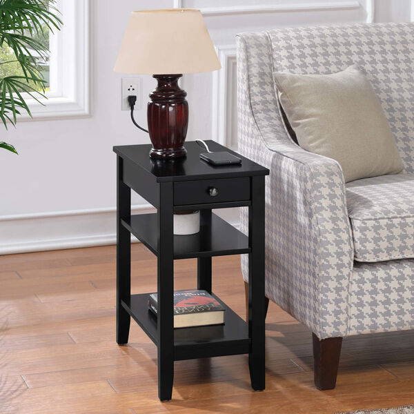 Black American Heritage One Drawer Chairside End Table with Charging Station and Shelves, image 2