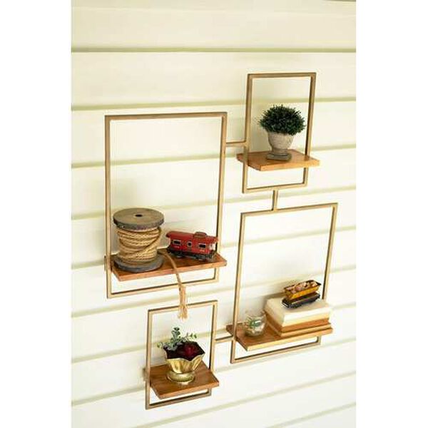 Gold Iron and Wood Wall Unit with 4 Shelves, image 4