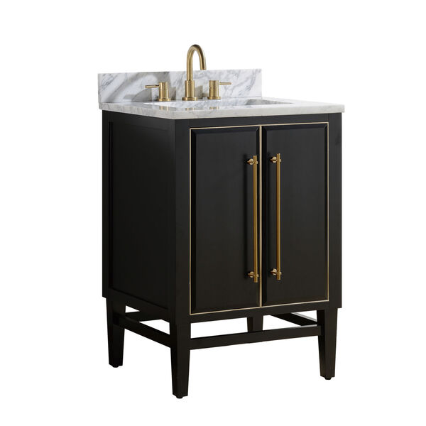Black 25-Inch Bath vanity Set with Gold Trim and Carrara White Marble Top, image 2