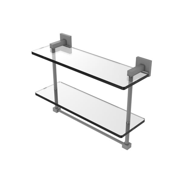 Montero Matte Gray 16-Inch Two Tiered Glass Shelf with Integrated Towel Bar, image 1