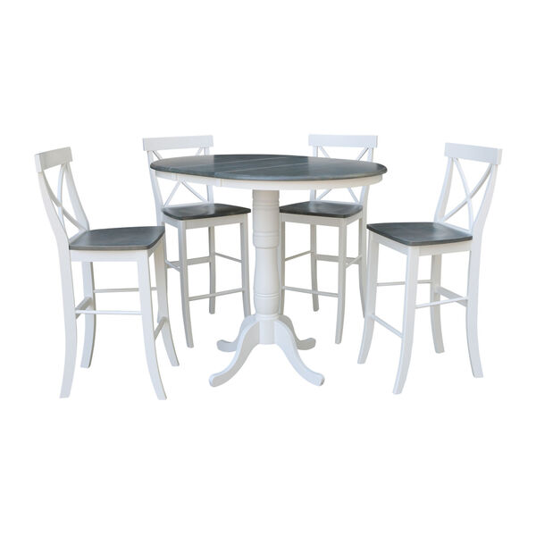White and Heather Gray 36-Inch Round Extension Dining Table With Four X-Back Bar Height Stools, Five-Piece, image 1