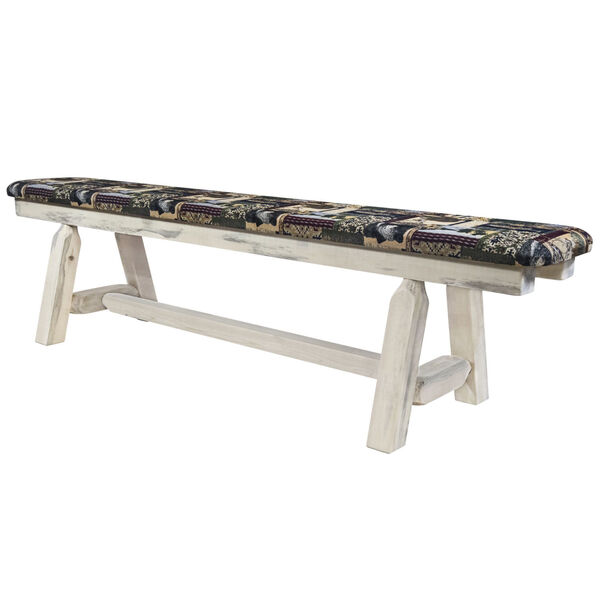 Homestead Clear Lacquer 6 Foot Plank Style Bench with Woodland Upholstery, image 3