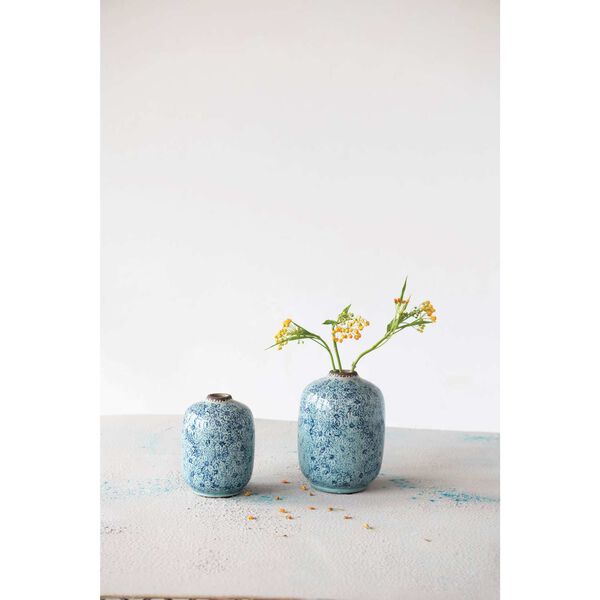 Distressed Blue Floral Pattern Terra-Cotta Vase, image 3