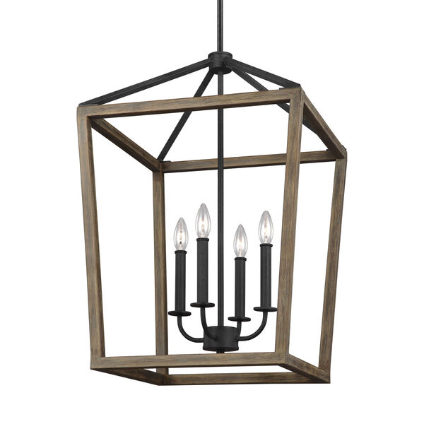 Gannet Weathered Oak Wood and Antique Forged Iron 18-Inch Four-Light Pendant, image 4