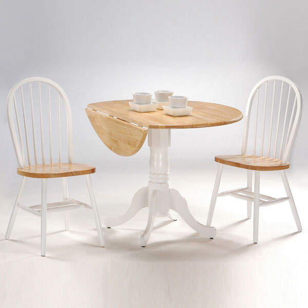 Dining Essentials White and Natural 42 Inch Dual Drop Leaf Dining Table with Two Windsor Chairs, image 1