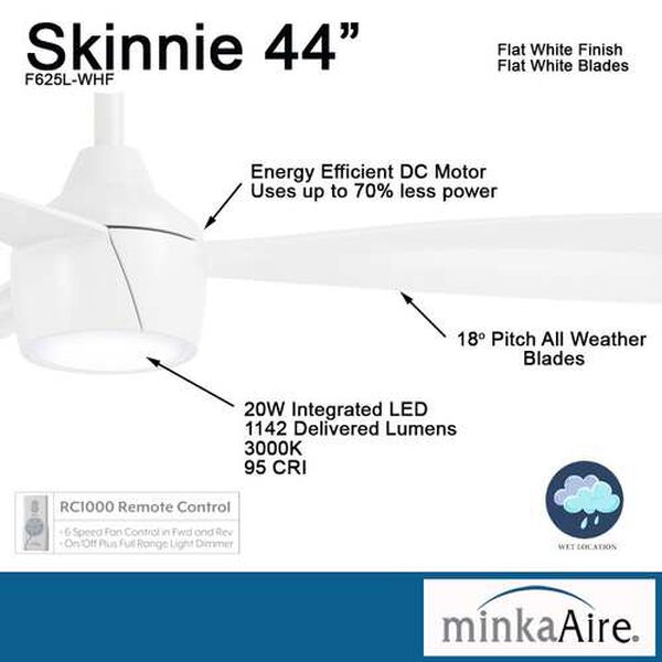 Skinnie Flat White 44-Inch LED Outdoor Ceiling Fan, image 4