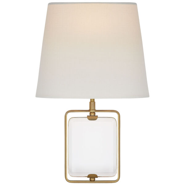 Henri Medium Framed Jewel Sconce in Crystal and Hand-Rubbed Antique Brass with Linen Shade by Suzanne Kasler, image 1