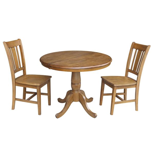 Pecan Round Dining Table with 12-Inch Leaf and Chairs, 3-Piece, image 1