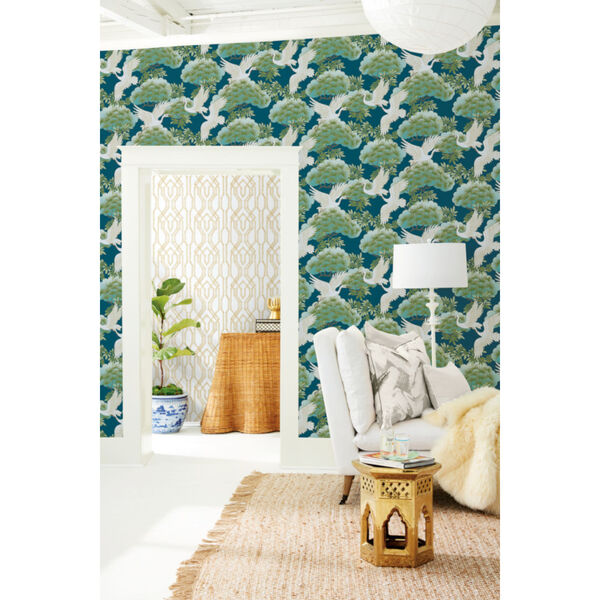 Ronald Redding Tea Garden Blue Sprig and Heron Wallpaper, image 5