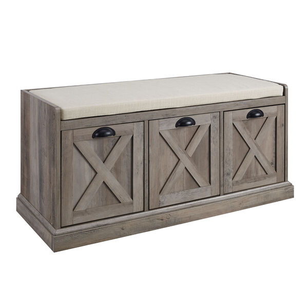 Willow Grey Wash and Oatmeal Linen Storage Bench with Three Drawers, image 1