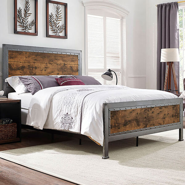 Queen Size Industrial Wood and Metal Bed - Brown, image 1