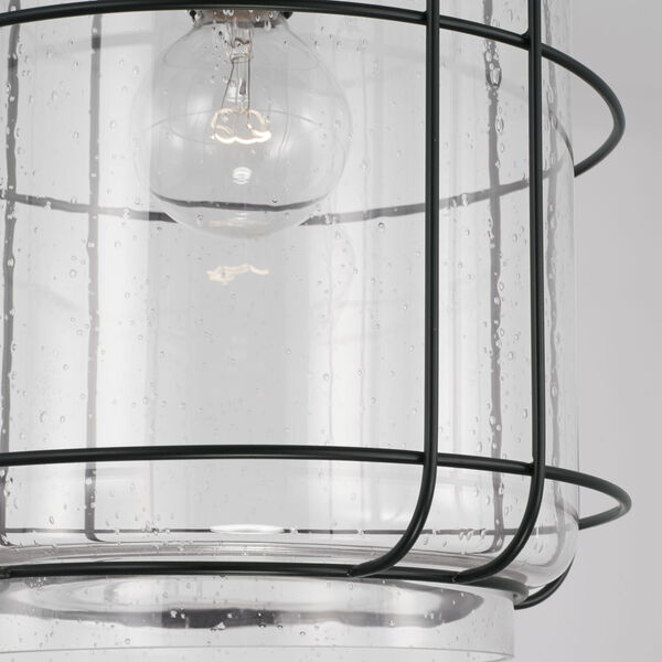Harmon Matte Black One-Light Pendant with Clear Seeded Glass and Outer Cage, image 4