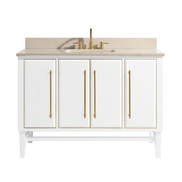 White 49-Inch Bath vanity Set with Gold Trim and Crema Marfil Marble Top, image 1
