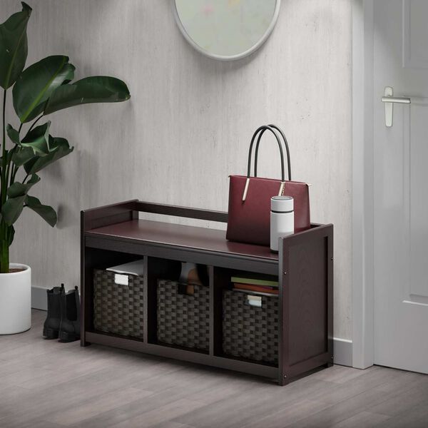 Addison Espresso Storage Bench with Three Foldable Woven Baskets, image 2