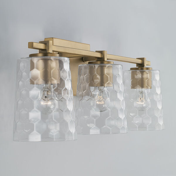 Burke Aged Brass Three-Light Bath Vanity with Clear Honeycomb Glass Shades, image 4