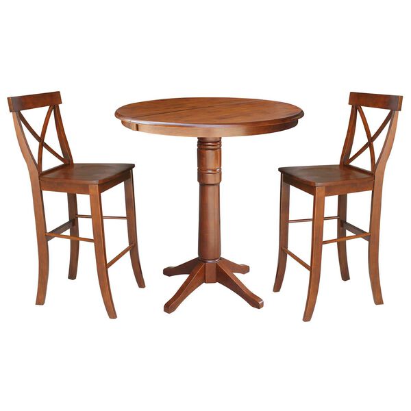 Espresso Round Bar Height Table with 12-Inch Leaf and X-Back Stools, 3-Piece, image 1