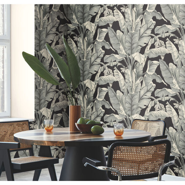 Black and White 27 In. x 27 Ft. Banana Leaf Wallpaper, image 1
