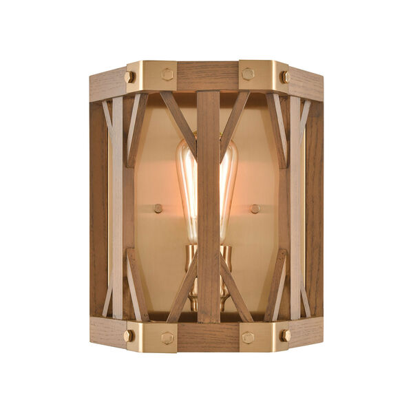 Structure Satin Brass and Medium Oak One-Light Wall Sconce, image 1