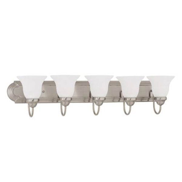 Ballerina Brushed Nickel Five-Light Bath Fixture with Frosted White Glass, image 1