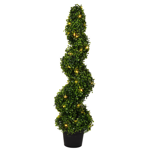 Green 36-Inch Spiral Boxwood Tree in Black Pot with LED Lights, image 1