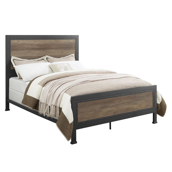 Queen Size Industrial Wood and Metal Bed - Rustic Oak, image 3