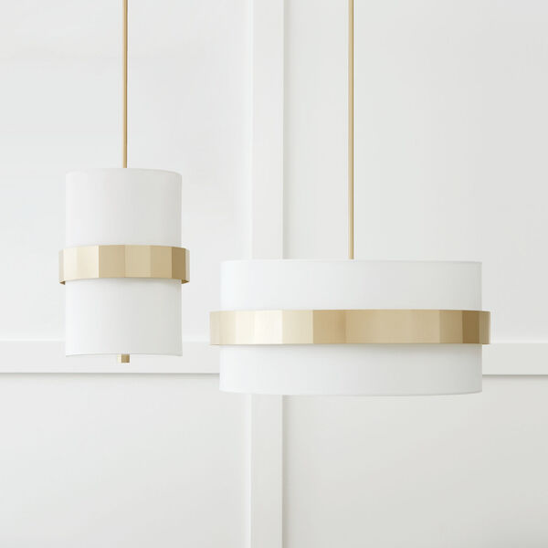 Sutton Soft Gold Two-Light Drum Pendant with White Fabric Shade and Frosted Glass Diffuser, image 4