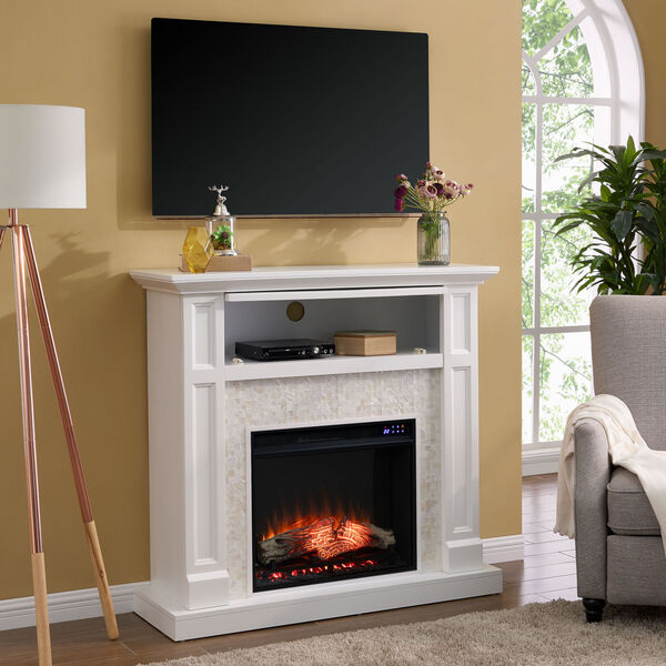 Nobleman White Electric Media Fireplace with Tile Surround, image 4