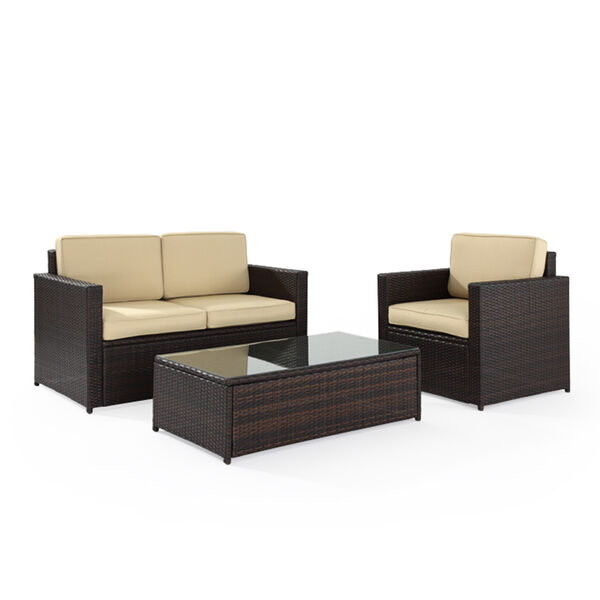 Palm Harbor 3 Piece Outdoor Wicker Seating Set With Sand Cushions - Loveseat, Chair and Glass Top Table, image 1