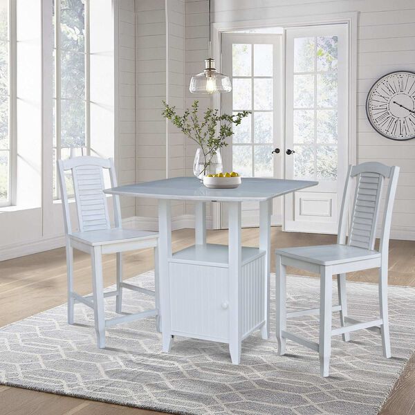 Dual Drop Leaf Antiqued White Chalk  Bistro Table  With Storage and Two Counter Height  Stools, image 4