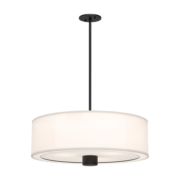 Theo Matte Black and White Three-Light Pendant with Linen Shade, image 1