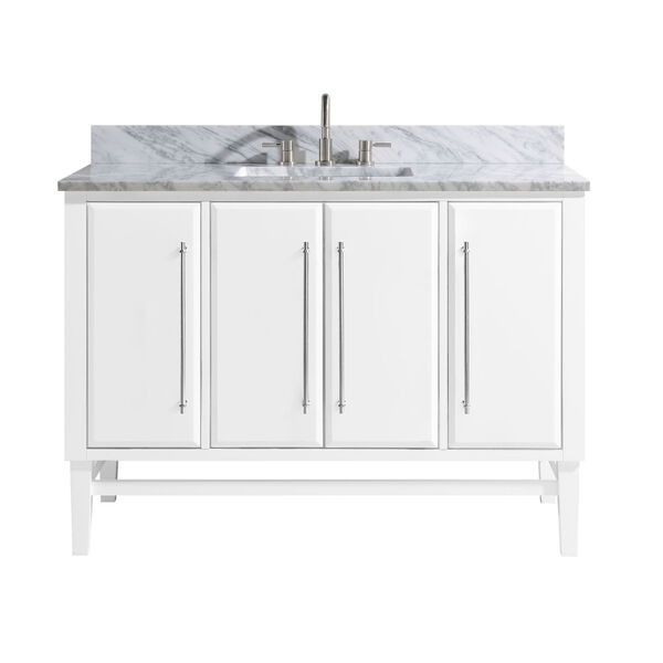 White 49-Inch Bath vanity Set with Silver Trim and Carrara White Marble Top, image 1