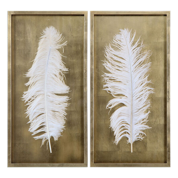 White Feathers Gold Shadow Box Wall Art, Set of 2, image 1