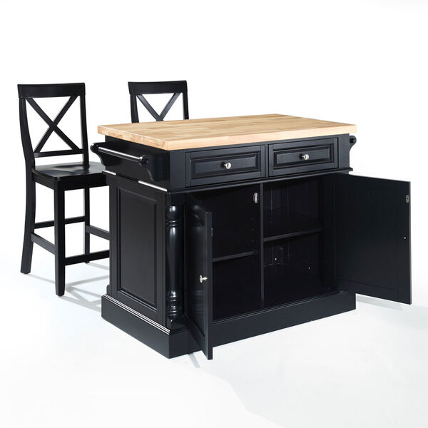Butcher Block Top Kitchen Island in Black Finish with 24-Inch Black X-Back Stools, image 2