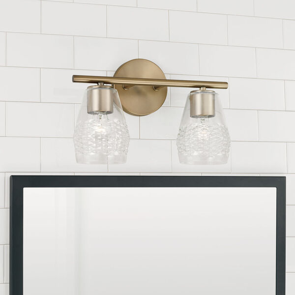 Dena Aged Brass Two-Light Vanity with Diamond Embossed Glass, image 3