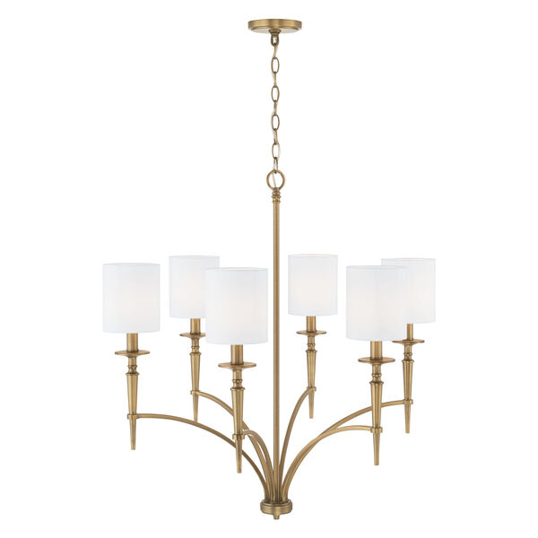 Abbie Aged Brass Six-Light Chandelier with White Fabric Stay Straight Shades, image 3