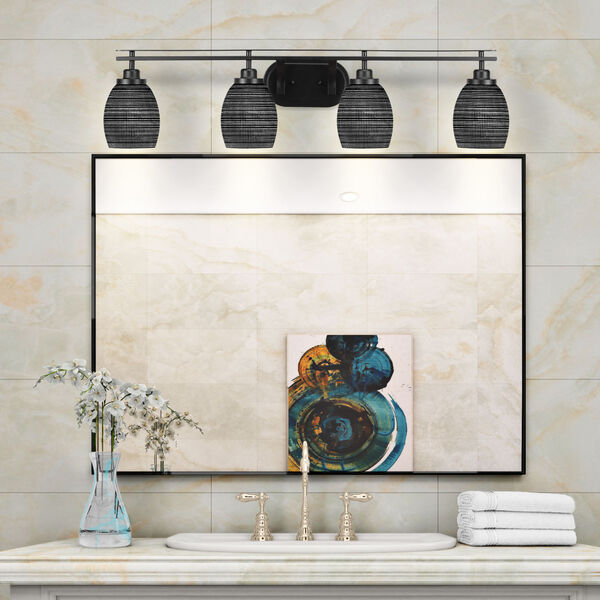 Odyssey Matte Black Four-Light Bath Vanity with Black Matrix Glass, image 2