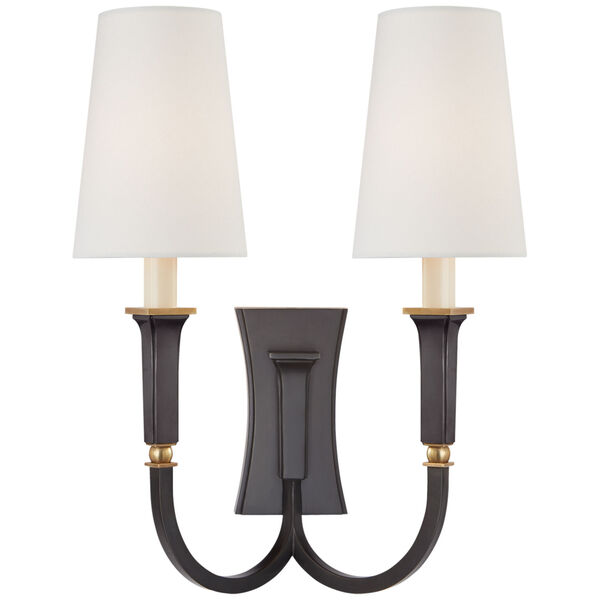 Delphia Large Double Arm Sconce in Bronze and Hand-Rubbed Antique Brass with Linen Shade by Thomas O'Brien, image 1