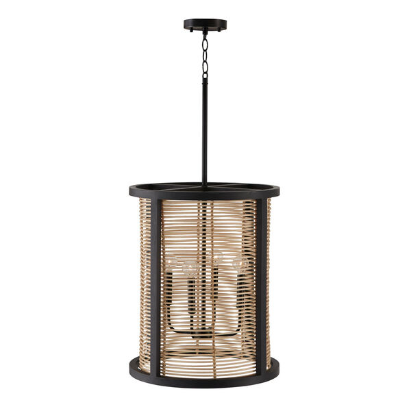 Rico Flat Black Four-Light Chandelier Made with Handcrafted Mango Wood and Rattan, image 2