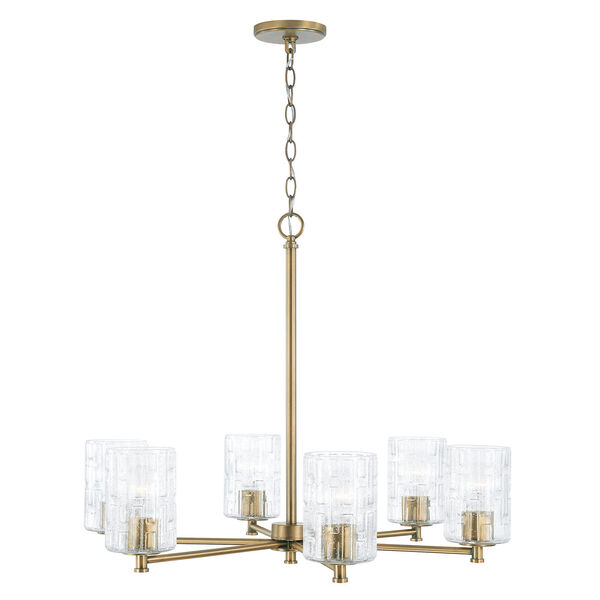 Emerson Aged Brass Six-Light Chandelier with Embossed Seeded Glass, image 3