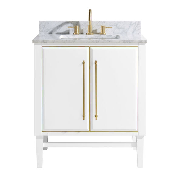 White 31-Inch Bath vanity Set with Gold Trim and Carrara White Marble Top, image 1