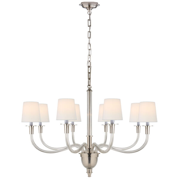 Vivian Large One-Tier Chandelier in Polished Nickel with Linen Shades by Thomas O'Brien, image 1