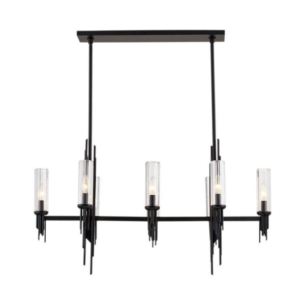 Torres Matte Black Eight-Light Linear Chandelier with Ribbed Glass Shades, image 1